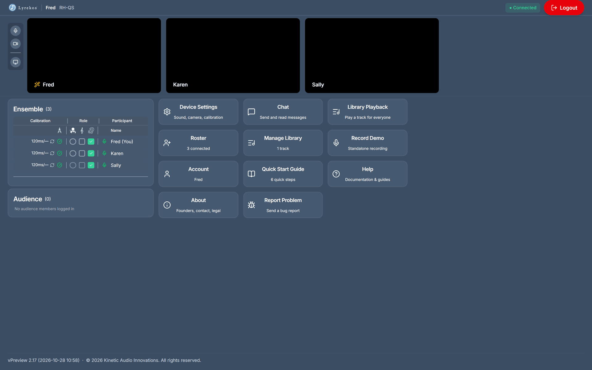 The Organizer page: video tiles for Fred, Karen and Sally across the top, the Ensemble panel with calibration and role columns on the left, and function tiles on the right