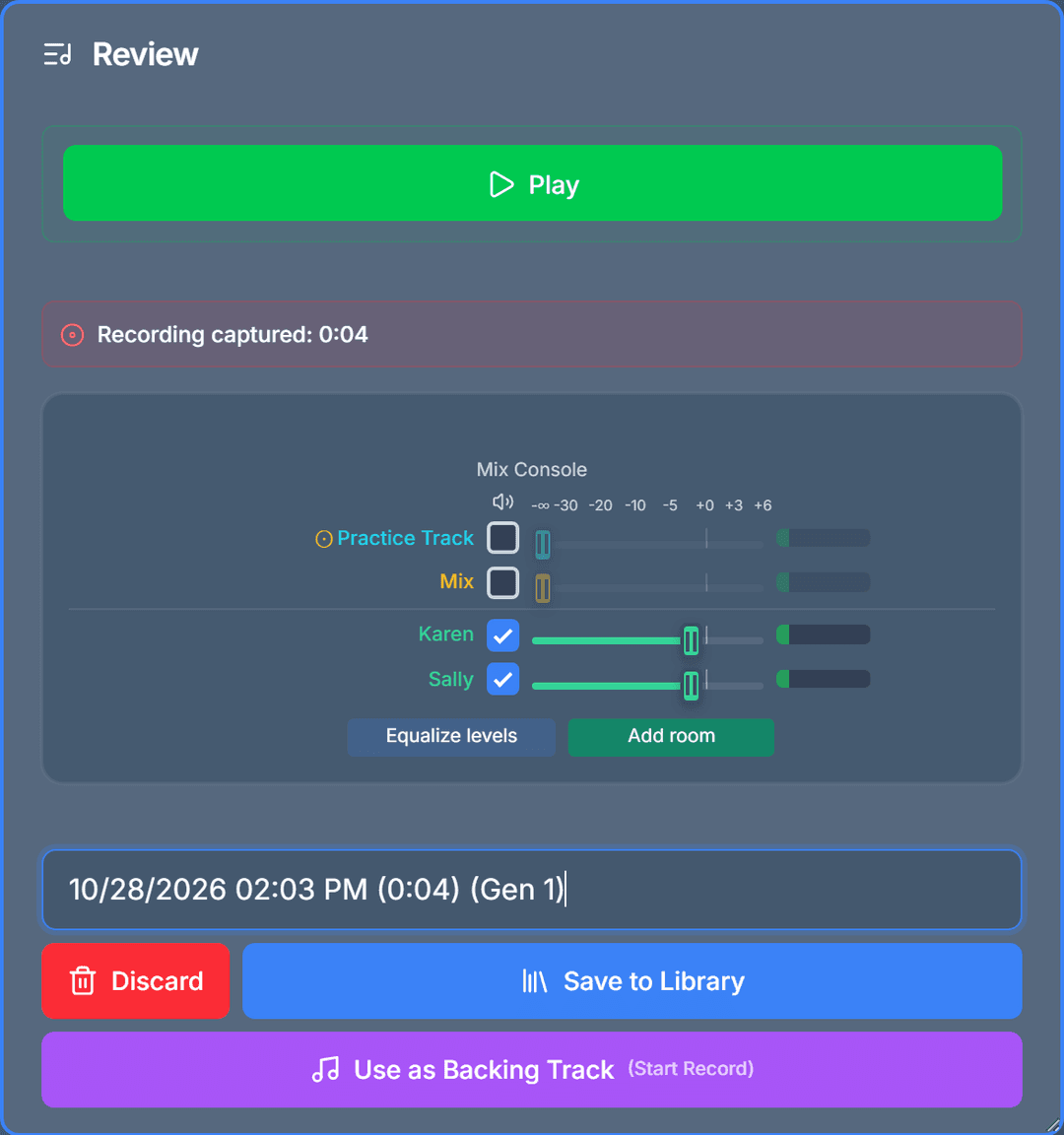 The Review dialog after Example 1, with track faders and the Equalize levels and Add room buttons