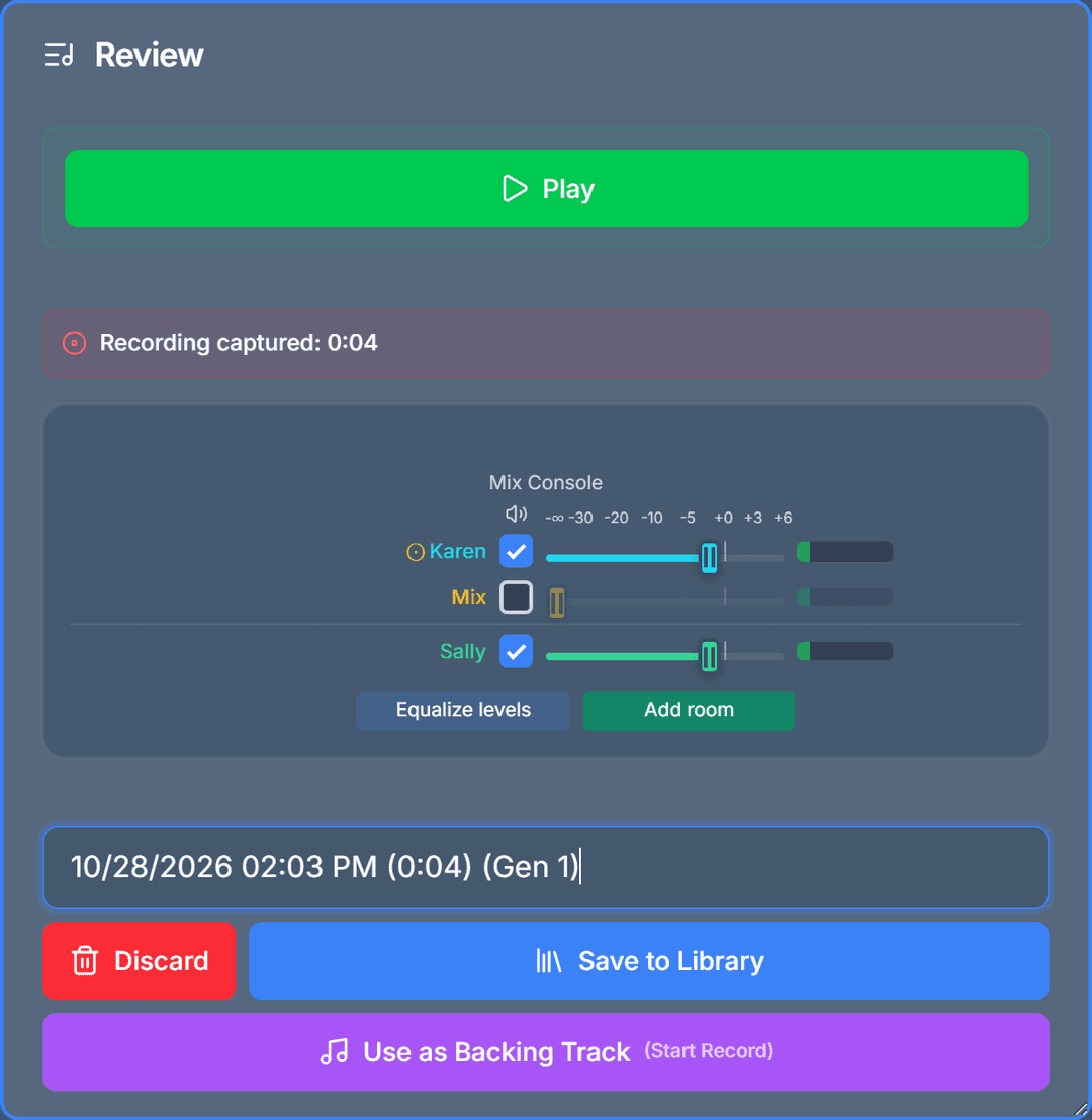 The Review dialog after Example 2, showing the purple Use as Backing Track button