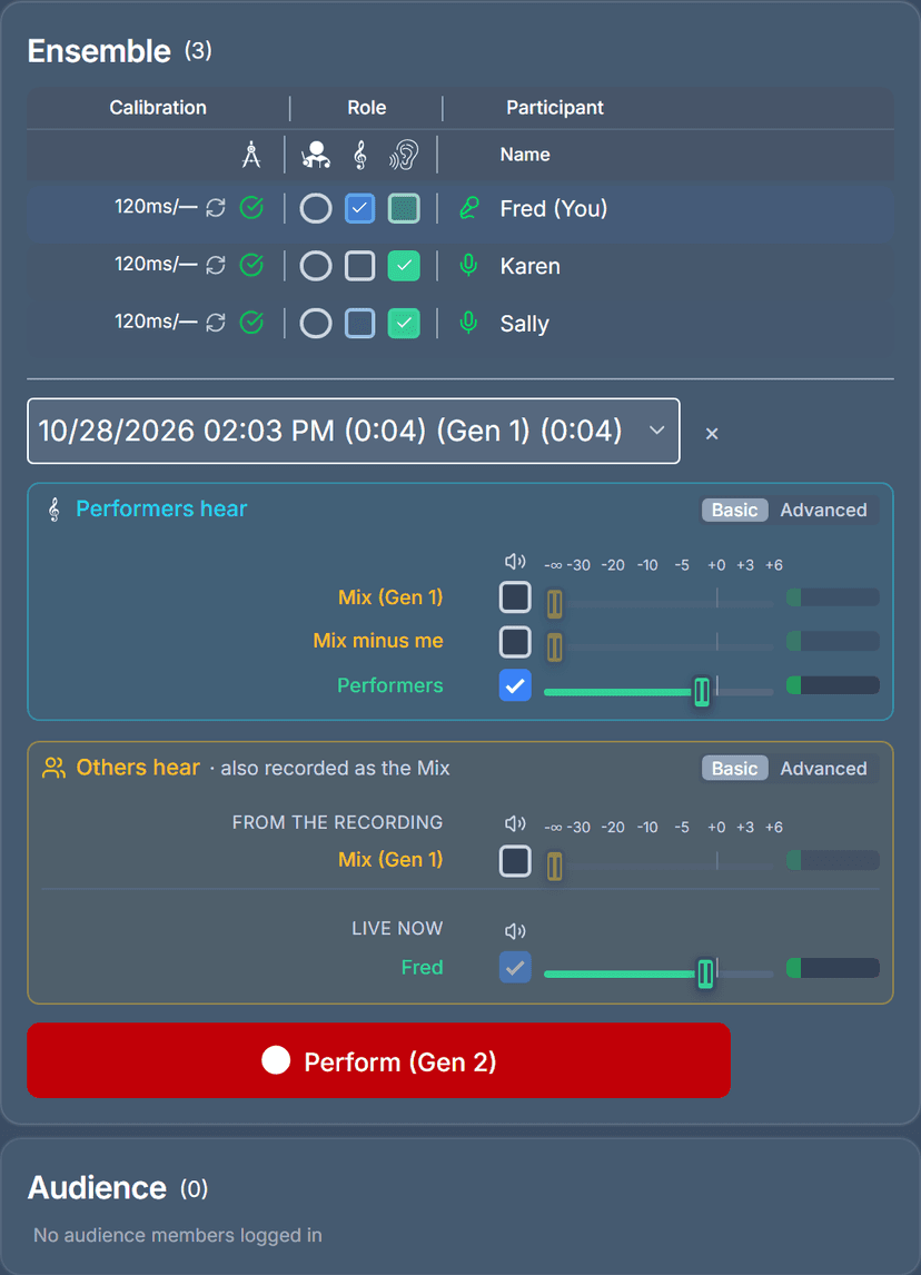 Ensemble panel set up for Example 3: the Gen 1 recording loaded as the backing track, Fred as Accompanist, and the Perform (Gen 2) button