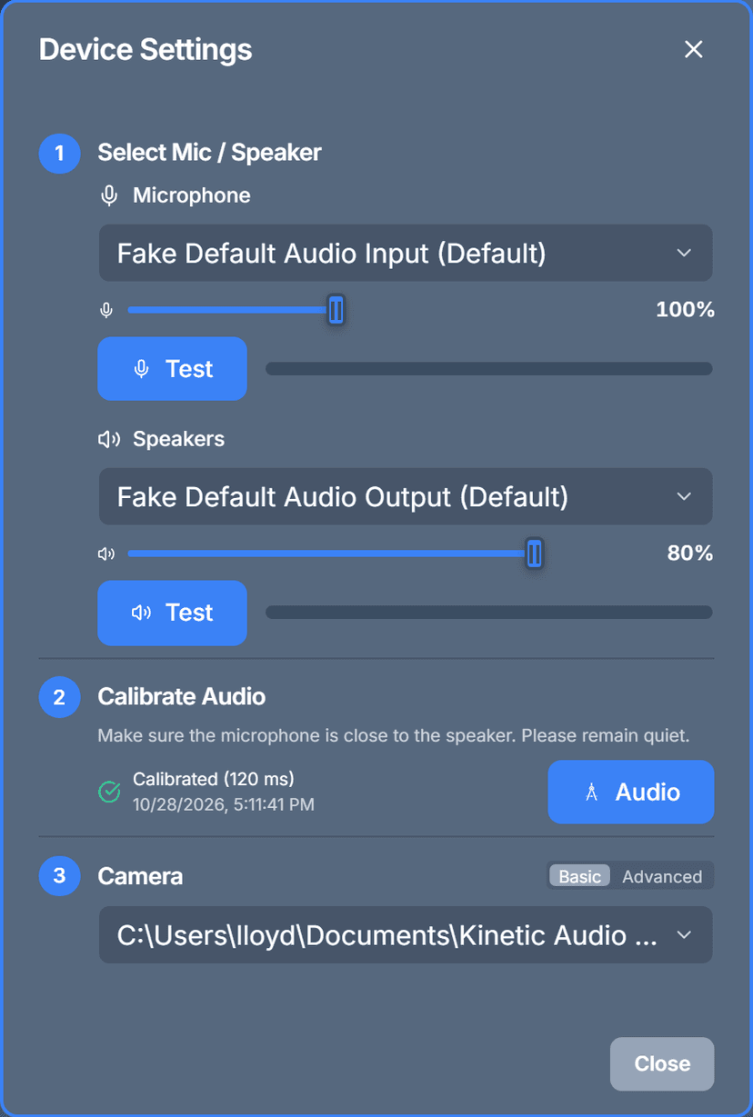 The Device Settings dialog with its three numbered steps: Select Mic / Speaker, Calibrate Audio, and Camera