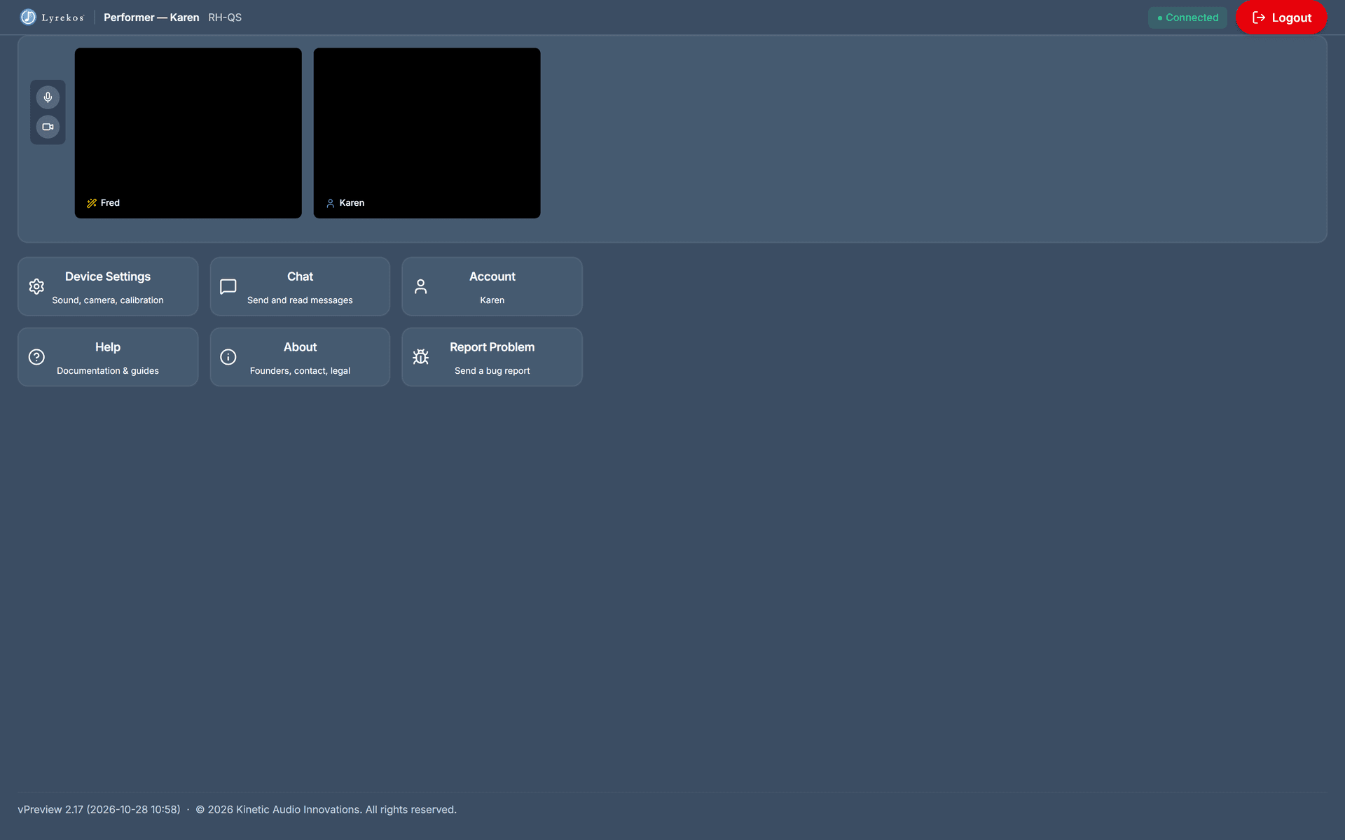 The Performer page: video tiles across the top and function tiles below