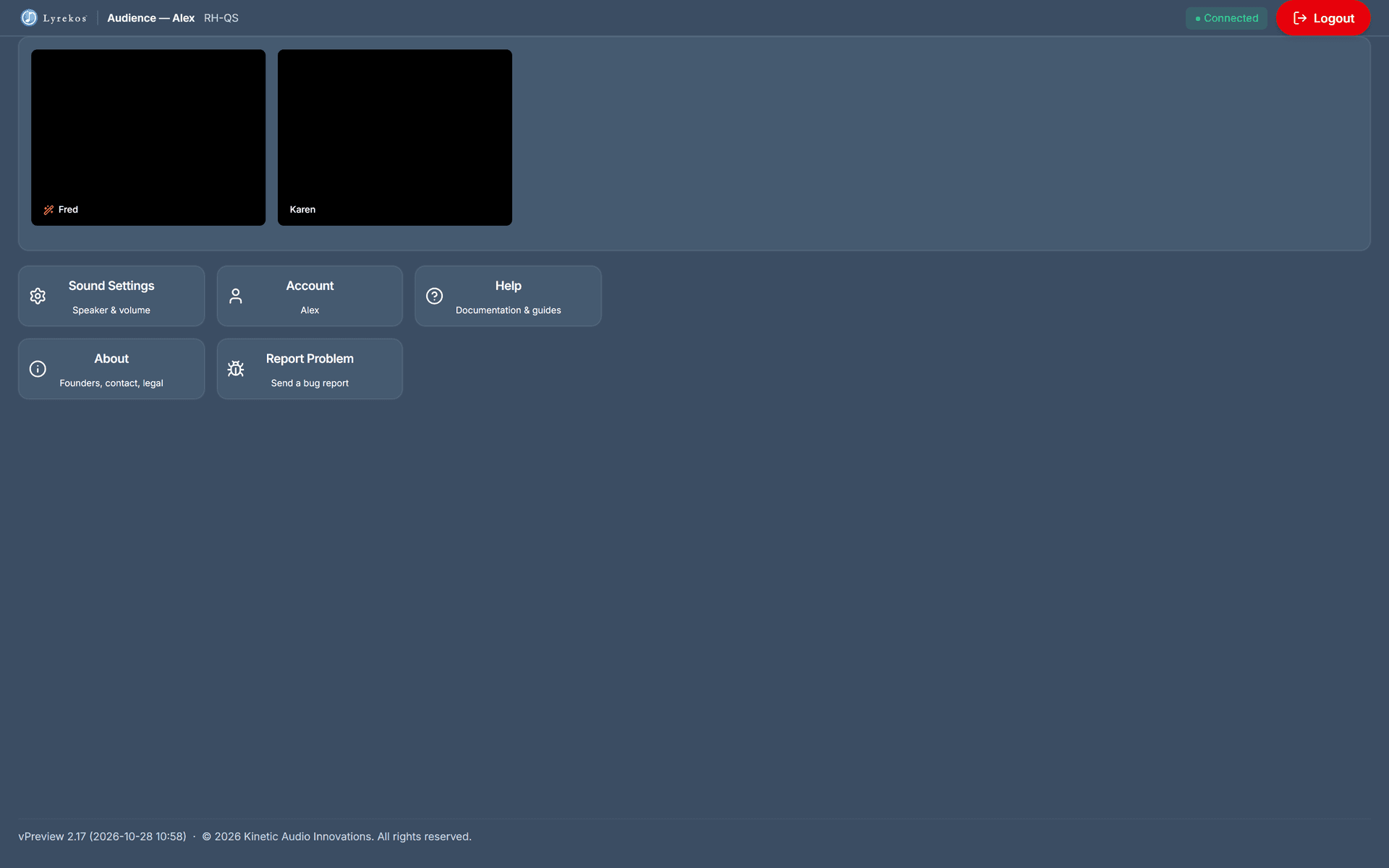 The Audience page during a take, showing the Organizer's and Performers' cameras and a progress bar