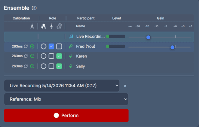 Lyrekos Ensemble panel showing the previously captured Live Recording loaded as the backing track with Reference: Mix selected. Fred is now tagged as Accompanist; Karen and Sally are Listeners. A red Perform button is ready