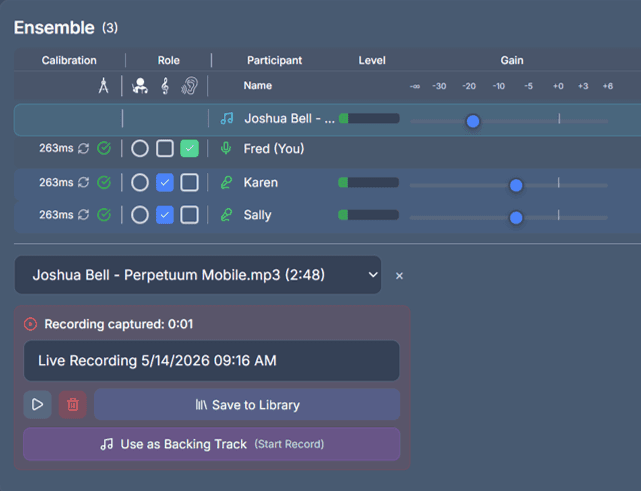 Lyrekos Ensemble panel after a take, showing the captured recording with options to play, delete, Save to Library, or Use as Backing Track for a follow-on performance