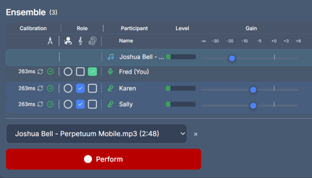 Lyrekos Ensemble panel with the Joshua Bell — Perpetuum Mobile track loaded as the backing track. Karen and Sally are tagged as Accompanists (checkmarked under the music-clef Accompanist column); Fred is the Listener. A red Perform button is ready