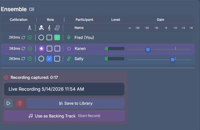 Lyrekos Ensemble panel after Karen and Sally's take, showing a 17-second Live Recording captured, with Save to Library and Use as Backing Track buttons