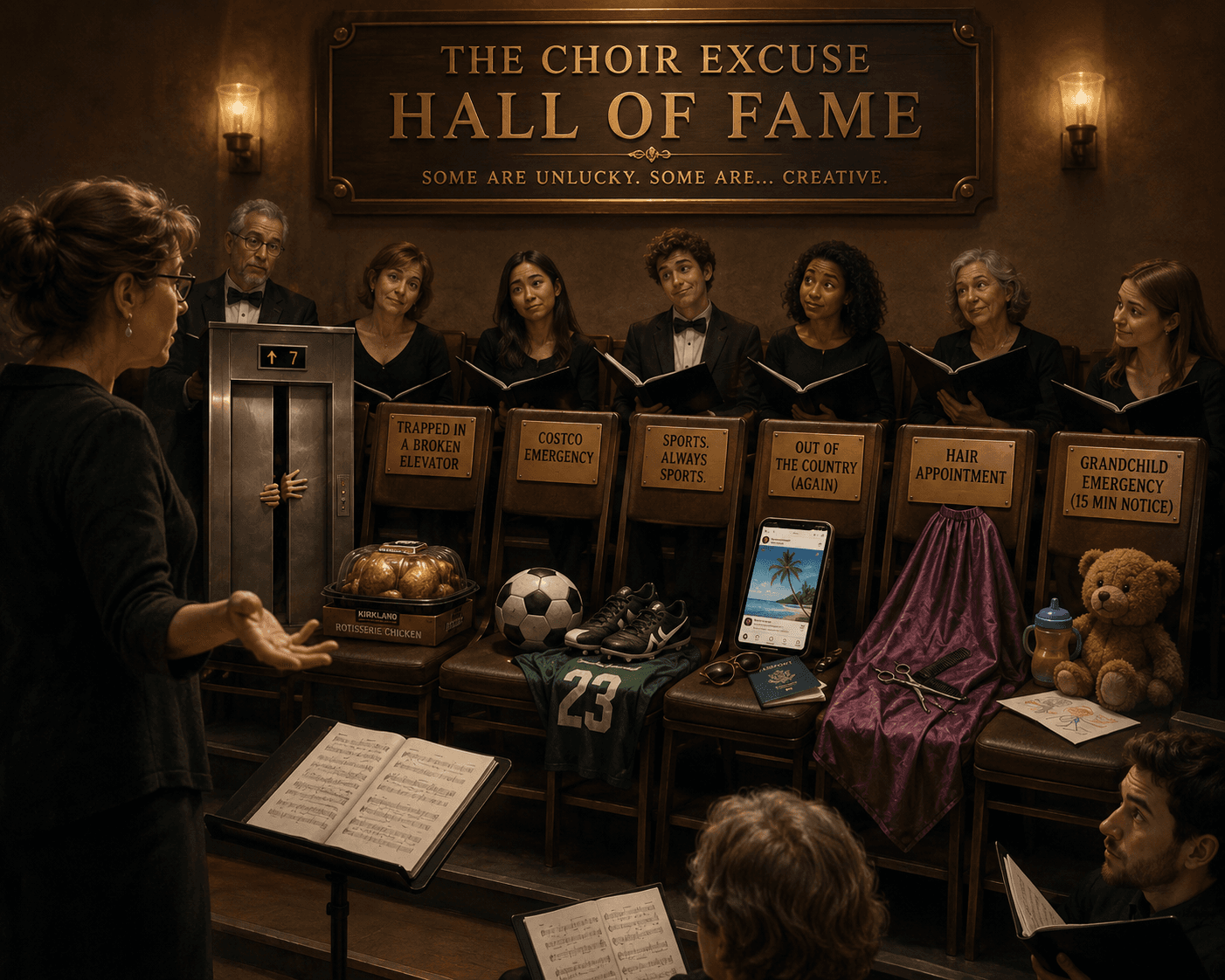 The Choir Excuse Hall of Fame: a choir in black concert dress with a row of empty chairs in front, each bearing a brass plaque — Trapped in a Broken Elevator, Costco Emergency, Sports. Always Sports., Out of the Country (Again), Hair Appointment, Grandchild Emergency (15 Min Notice) — and the props to match.