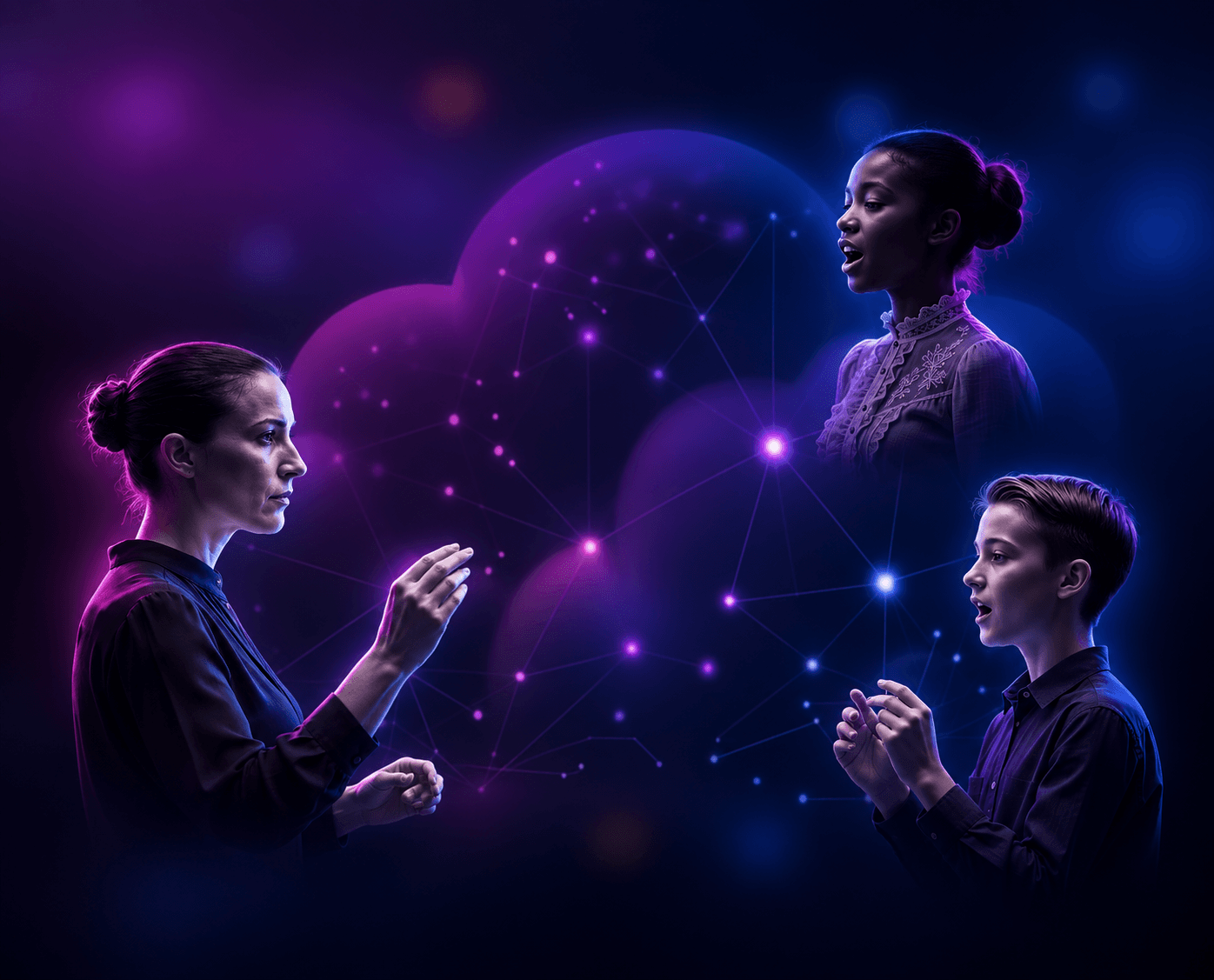 A music teacher shaping a phrase with her hands while two students sing back, connected across a network of light