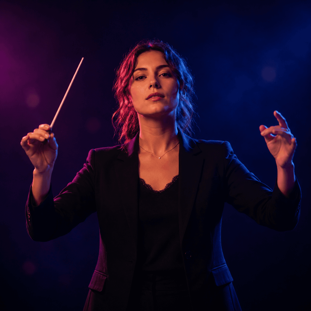 A conductor leading an ensemble under stage lighting