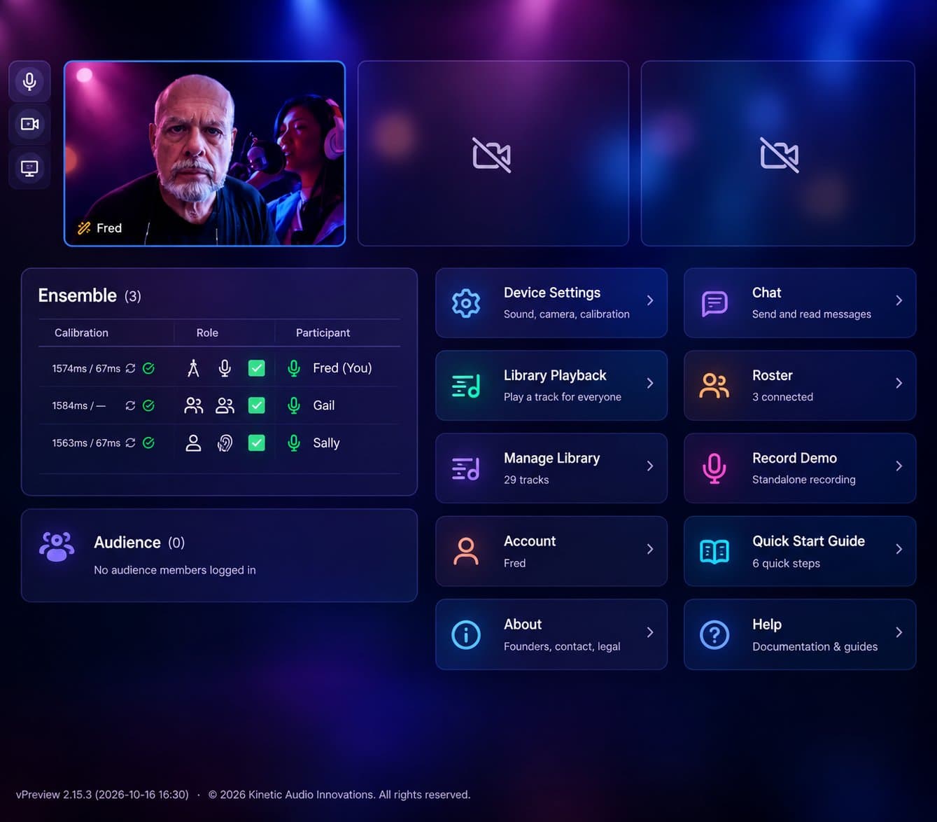 The Lyrekos session screen: Fred on video, an Ensemble panel listing three calibrated singers, and menu cards for device settings, library playback, roster, chat and recording