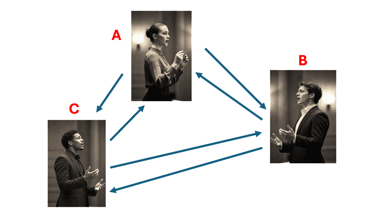 Diagram of three singers A, B and C with arrows running both ways between every pair, showing that each performer must hear every other performer in time to react