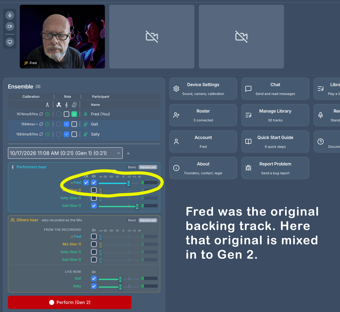 The Performers hear panel in advanced view, with Fred's original backing track checked and circled alongside Gail's Gen 1 recording, ready to perform Gen 2