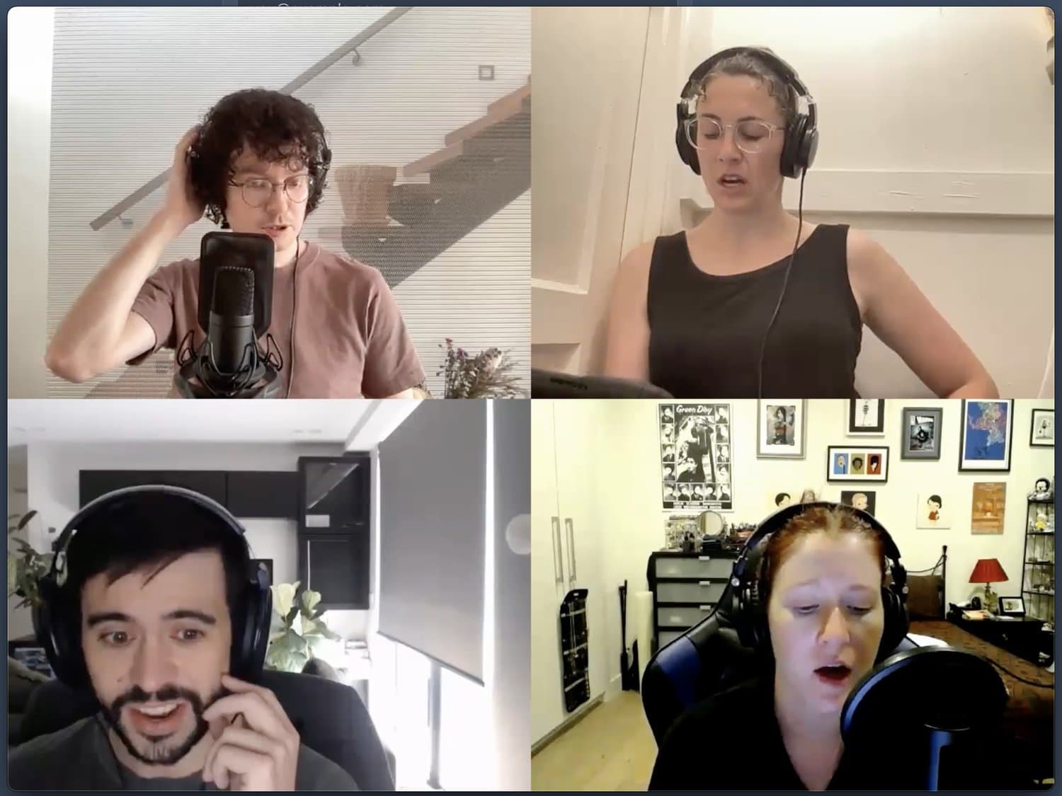 A frame from the composite MP4: four singers in their own homes, each wearing headphones, arranged in a two-by-two grid