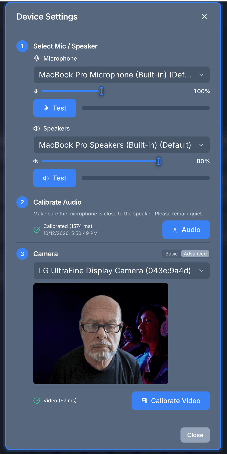 Device Settings in advanced view, adding a camera preview and a Calibrate Video button