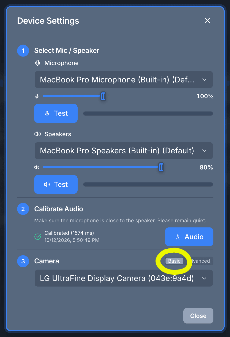 Device Settings in basic view: microphone, speakers, audio calibration and camera selection