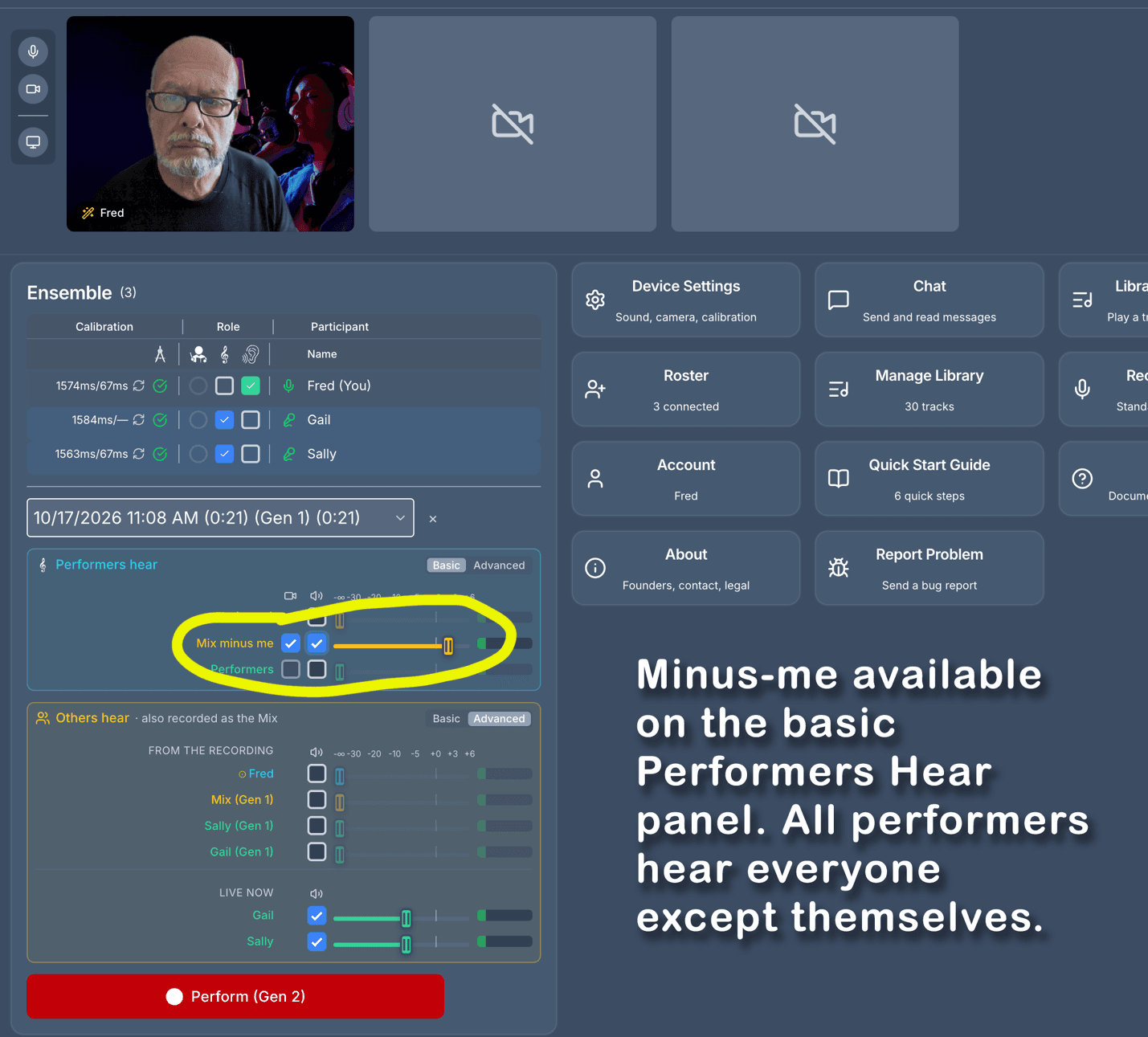 The Performers hear panel in basic view, with the Mix minus me row checked and circled