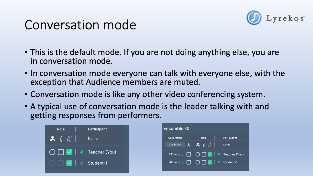 Lyrekos Conversation mode showing the Role and Participant panels with Conversationalist roles active for Teacher and Student-1