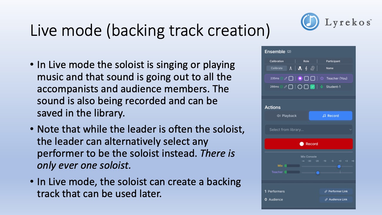 Lyrekos Live mode showing the Actions panel in Record mode with the red Record button active and the Mix Console