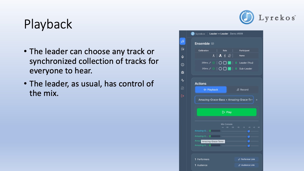 Lyrekos Playback mode showing a multi-track Amazing Grace selection in the Actions panel with the Mix Console faders visible