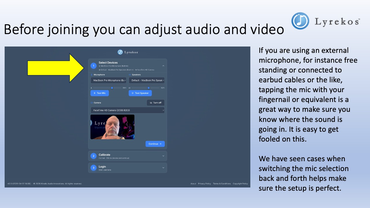 Lyrekos Select Devices screen showing microphone and speaker dropdowns, Test Mic and Test Speaker buttons, and camera preview