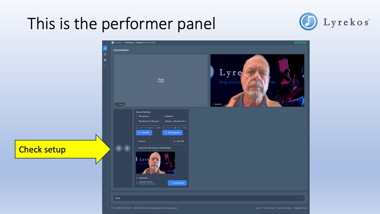 The Lyrekos performer panel showing the conversation view, device settings, camera preview, and Recalibrate button