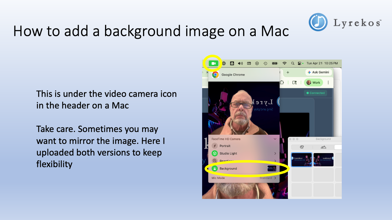 How to add a background image in Chrome on a Mac — click the camera icon in the menu bar, then select Background to choose or upload an image