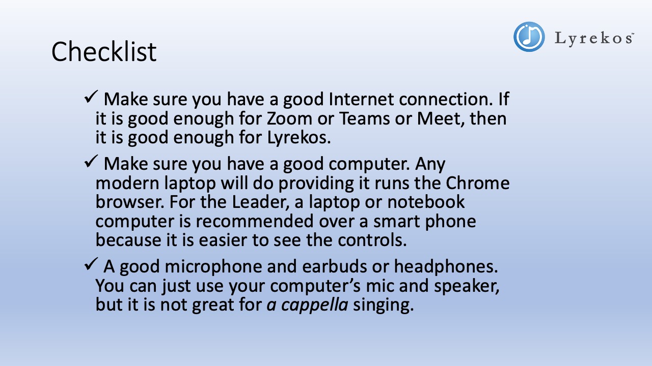 Lyrekos setup checklist showing internet, computer, and audio requirements