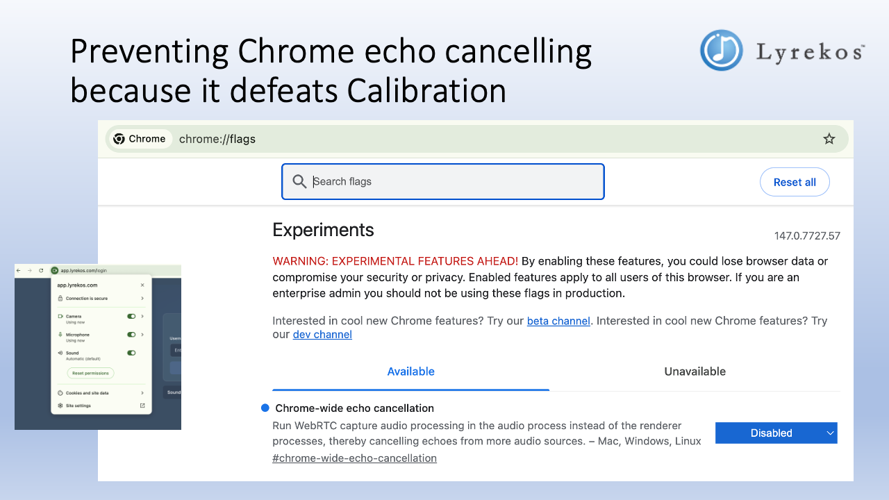 Chrome flags page showing Chrome-wide echo cancellation set to Disabled — required for Lyrekos calibration to work correctly