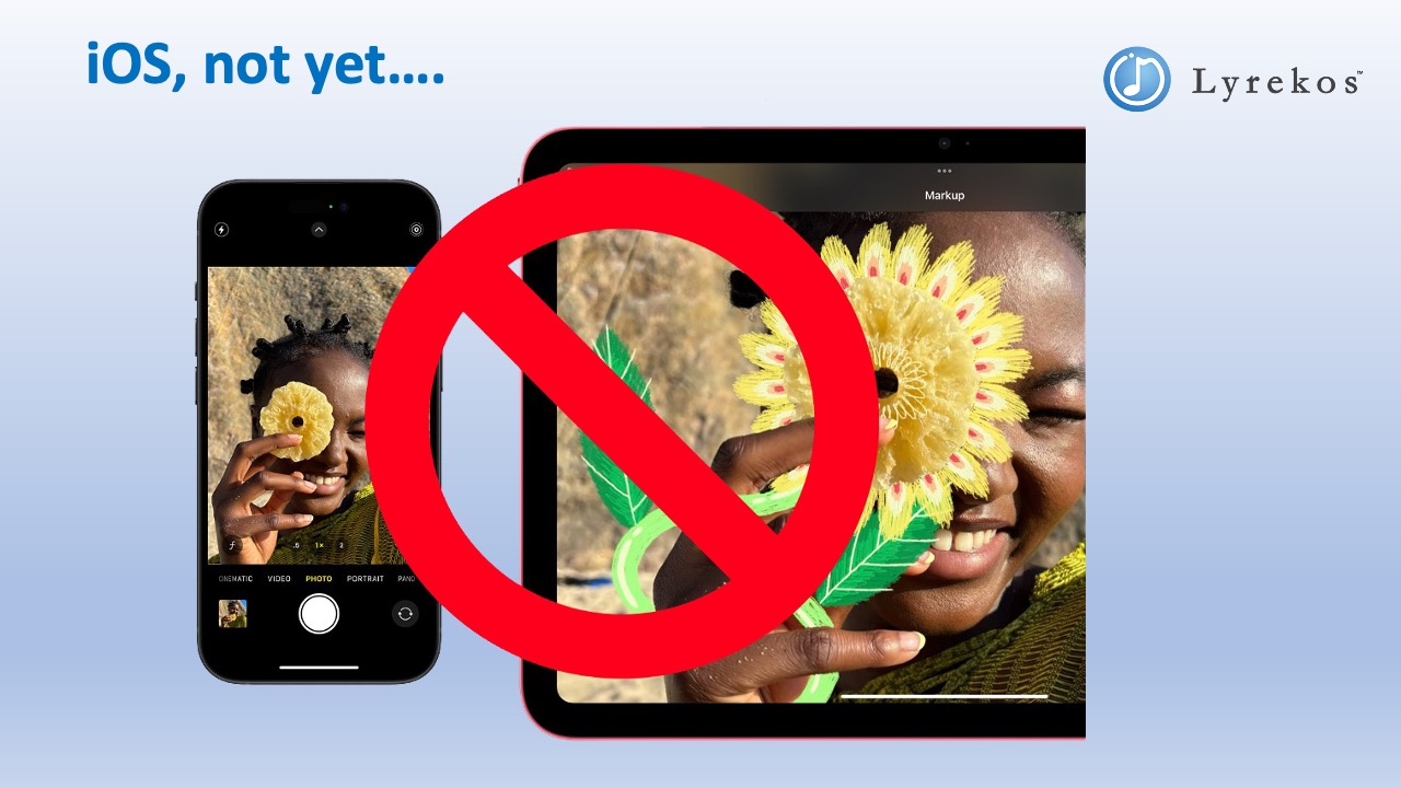 iPhone and iPad with a red "no" symbol — iOS not yet supported by Lyrekos