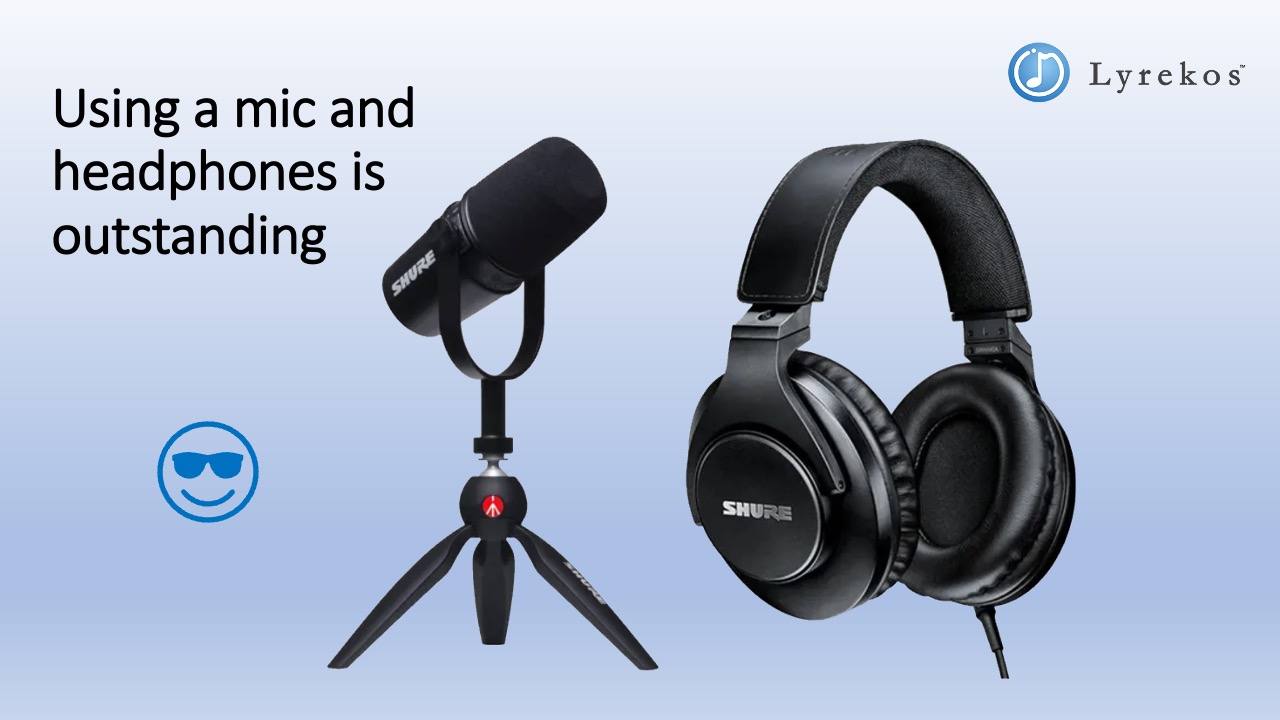 External microphone on a stand next to over-ear headphones for optimal Lyrekos audio quality